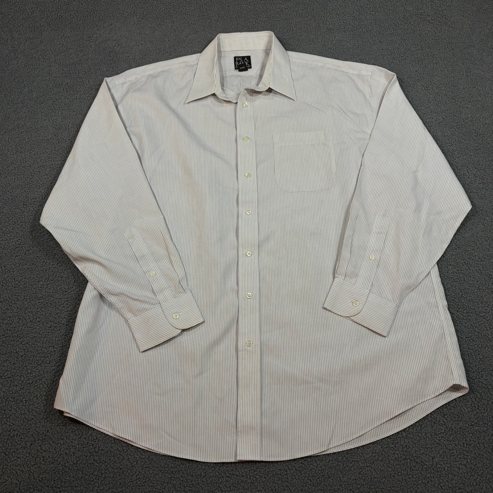 Jos A Bank Dress Shirt Mens 17.5 35 White Maroon Traveler Collection Pinstripe